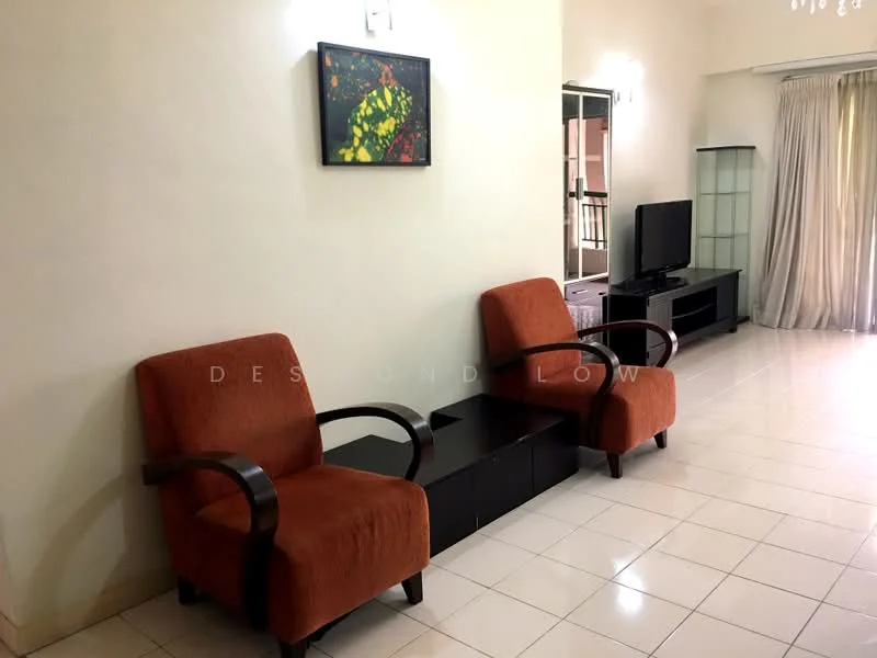 Living features: two orange upholstered armchairs, black wooden coffee table, black TV console, wall-mounted flat-screen TV, cream painted walls, white ceiling, recessed downlights, large window with sheer curtains, tile flooring, decorative artwork on wall; style: contemporary.