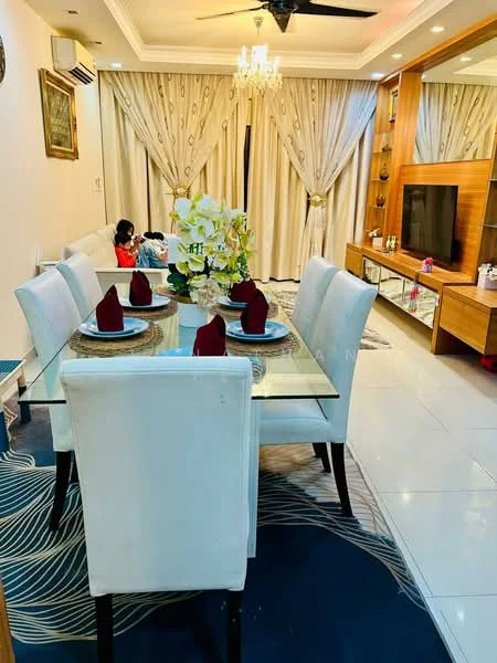 Dining features: glass dining table, 6 upholstered dining chairs in white, decorative table centerpiece with flowers, red napkins on each plate, area rug with abstract pattern, chandelier with multiple bulbs, wall-mounted TV unit, wooden cabinetry, curtains with floral pattern, recessed ceiling lights, split air conditioning unit; style: modern.