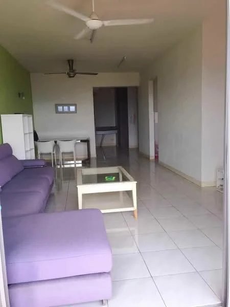 Living features: purple fabric L-shape sectional sofa, glass coffee table with wooden legs, white shelving unit, ceiling fan, white tiled flooring, green accent wall, wall-mounted light fixture, dining table with four chairs in background; style: modern.