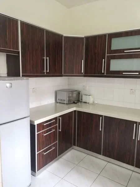Kitchen features: dark wood cabinetry with silver handles, white countertop, stainless-steel fridge, microwave, toaster, white tiled backsplash, white tiled flooring, under-cabinet lighting, glass-front upper cabinets; style: modern.