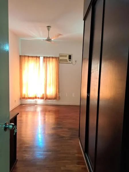 Room features: wooden flooring, white painted walls, ceiling fan, floor-to-ceiling windows with sheer curtains, wall-mounted split AC, built-in wardrobe, natural light from windows.