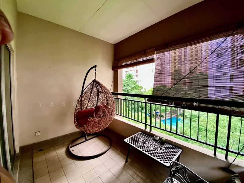 Balcony features: hanging rattan chair with cushion, black metal coffee table, greenery view, sliding glass door, roller blinds, tile flooring, railings, wall with neutral paint; style: modern; view: garden.