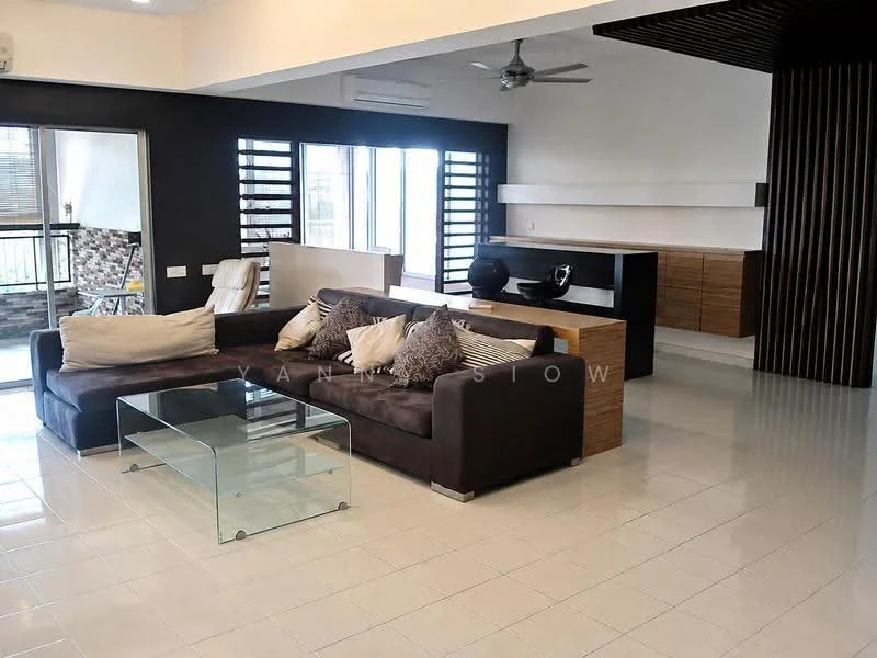 Living features: 3-seater fabric sofa in dark brown, glass coffee table, ceiling fan with light, wall-mounted TV console, built-in wooden cabinetry, white tiled flooring, large windows with horizontal slats, open layout, decorative wall paneling, natural light from windows; style: modern.