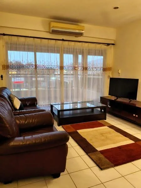 Living features: brown leather 3-seater sofa, brown leather armchair, glass coffee table, TV console, wall-mounted TV, area rug with geometric pattern, white painted walls, tile flooring, curtains with decorative trim, 1 wall-mounted split AC; style: contemporary.