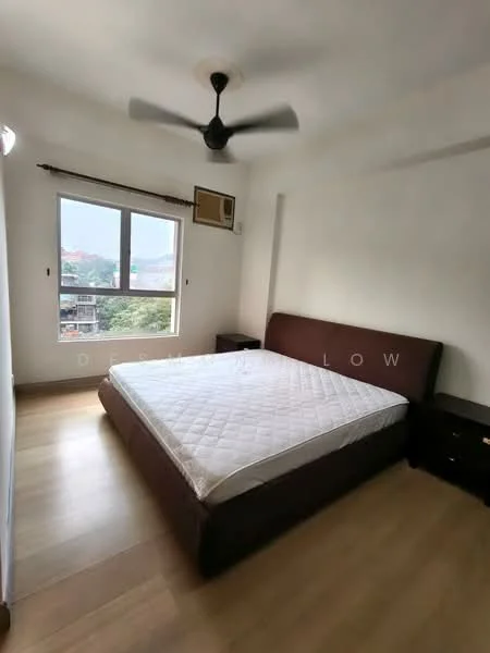 Bedroom features: queen-size bed, upholstered headboard, 2 bedside tables, ceiling fan with 3 blades, large window with view, light wood flooring, white painted walls, decorative wall frame; style: modern; view: garden.