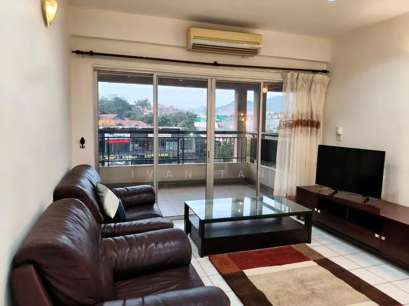 Living features: 3-seater brown leather sofa, 2-seater brown leather sofa, glass coffee table, TV console, wall-mounted TV, white tiled flooring, floor-to-ceiling windows, sheer curtains, air conditioning unit, decorative area rug with geometric pattern; style: modern; view: city.