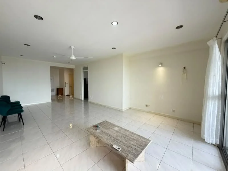 Living features: white painted walls, glossy ceramic tile flooring, recessed downlights, 5-blade ceiling fan, large sliding glass door, sheer curtains, coffee table, wall-mounted TV, area rug, open layout, neutral color palette; style: modern.