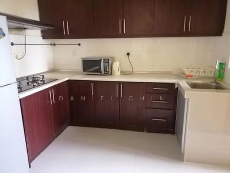 Kitchen features: brown wooden cabinetry, white countertop, stainless-steel sink, chrome faucet, 4-burner gas hob, built-in oven, microwave, refrigerator, white tiled walls, ceramic tile flooring; style: modern.
