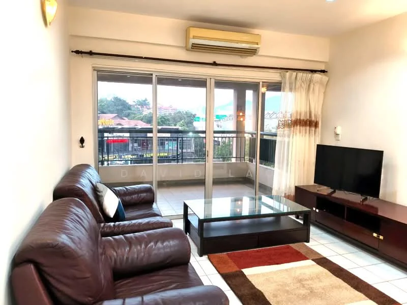 Living features: 3-seater brown leather sofa, 2-seater brown leather sofa, glass coffee table, area rug with geometric pattern, wall-mounted TV, TV console with storage, floor-to-ceiling windows, curtains, air conditioning unit, white tiled flooring, wall sconce lighting; style: contemporary; view: city.