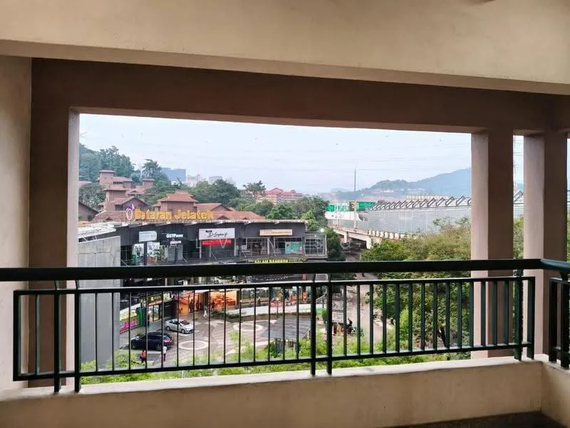 Balcony features: metal railing, concrete flooring, view of city, overlooking commercial area, surrounded by greenery; view: city.