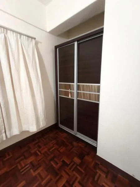 Room features: wooden flooring, built-in wardrobe with sliding doors, cream curtains, white painted walls.