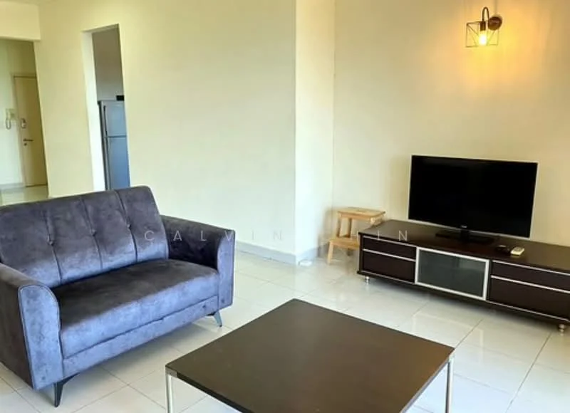 Living features: grey fabric 3-seater sofa, black coffee table with metal legs, wall-mounted flat-screen TV, TV console with storage, light fixture on wall, white painted walls, glossy white tile flooring, natural light from window; style: modern.