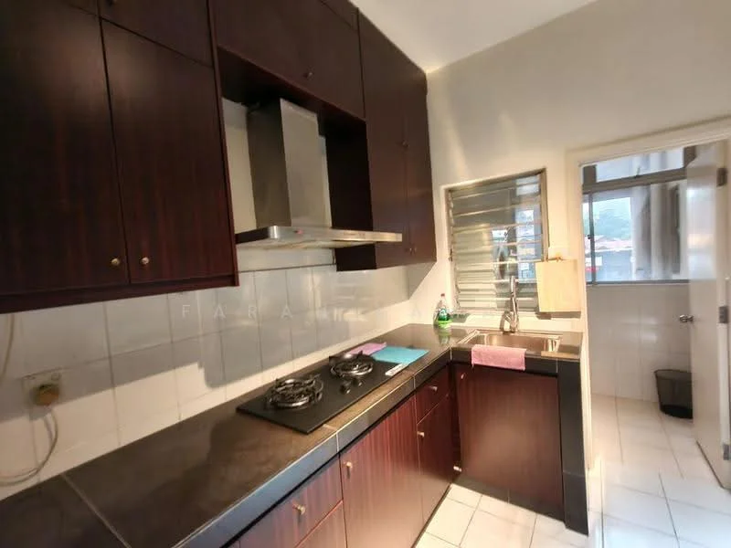 Kitchen features: dark wood cabinetry, black countertop, stainless-steel range hood, 2-burner gas hob, single-bowl stainless-steel sink, chrome pull-down faucet, white tiled backsplash, white tiled flooring, window with metal grille, kitchen utensils on countertop; style: modern.