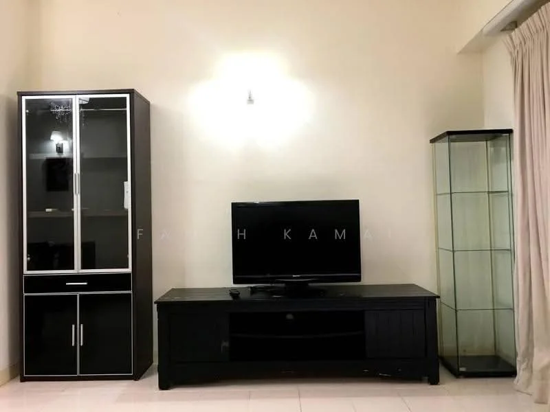 Living features: black TV console, flat-screen TV, black display cabinet with glass doors, black shelving unit, cream painted walls, light-colored tiled flooring, wall-mounted light fixture, curtains, neutral decor; style: modern.