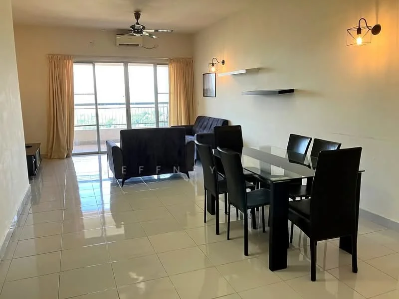 Living features: 3-seater fabric sofa in dark blue, 2-seater fabric sofa in dark blue, glass coffee table, TV console, wall-mounted TV, floor-to-ceiling windows, sheer curtains, recessed downlights, 5-blade ceiling fan, white painted walls, glossy ceramic tile flooring; style: modern; view: city. Dining features: 6-seater dining table with white top, black upholstered dining chairs, wall-mounted shelf, white painted walls, glossy ceramic tile flooring; style: modern; view: city.