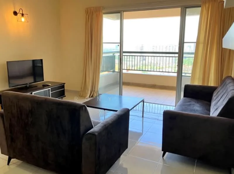Living features: 2-seater fabric sofa in dark grey, 3-seater fabric sofa in dark grey, glass coffee table, wall-mounted TV, TV console, floor-to-ceiling sliding glass door, curtains, white painted walls, glossy tile flooring, balcony view; style: modern; view: city.