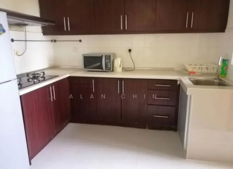 Kitchen features: brown wooden cabinetry, white countertop, stainless-steel sink, chrome faucet, built-in microwave, freestanding gas stove, white refrigerator, tile backsplash, white tiled flooring; style: modern.