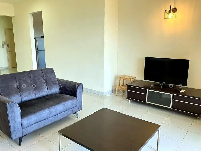 Living features: grey fabric 3-seater sofa, black coffee table, TV console with glass doors, wall-mounted TV, white painted walls, glossy tile flooring, recessed lighting, floor-to-ceiling window, small wooden side table; style: modern.