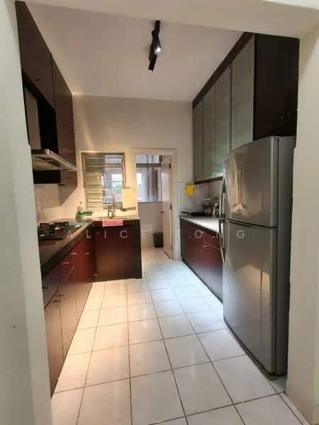 Kitchen features: dark wood cabinetry, stainless-steel refrigerator, built-in oven, 4-burner gas hob, stainless-steel range hood, white tile backsplash, white tiled flooring, single-bowl stainless-steel sink, chrome pull-down faucet, window with blinds, countertop space, under-cabinet lighting; style: modern.