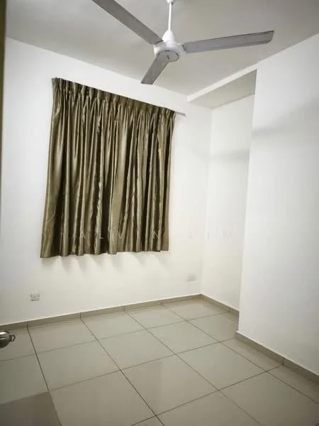 Bedroom features: white painted walls, grey tiled flooring, 5-blade ceiling fan, floor-to-ceiling window with brown curtains.