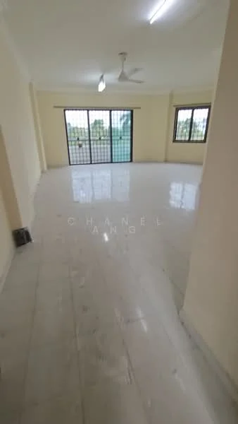 Room features: marble flooring, white painted walls, ceiling fan, large windows, grid-patterned window grills, natural light, spacious layout; style: modern; view: garden.