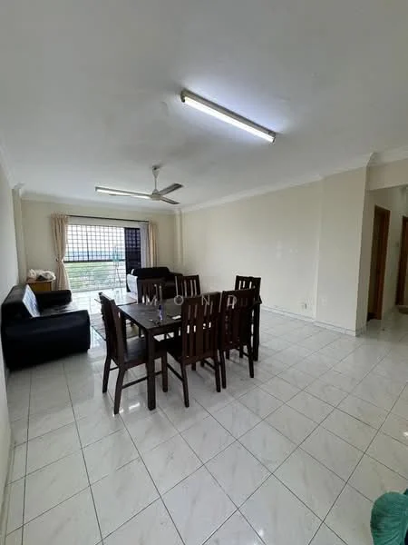 Dining features: dining table with 6 chairs, black leather sofa, white tiled flooring, ceiling fan with light, large window with curtains, neutral painted walls, recessed ceiling lights, open layout to living area; style: modern; view: city. Living features: black leather sofa, white tiled flooring, large window with curtains, neutral painted walls, ceiling fan with light, recessed ceiling lights; style: modern; view: city.