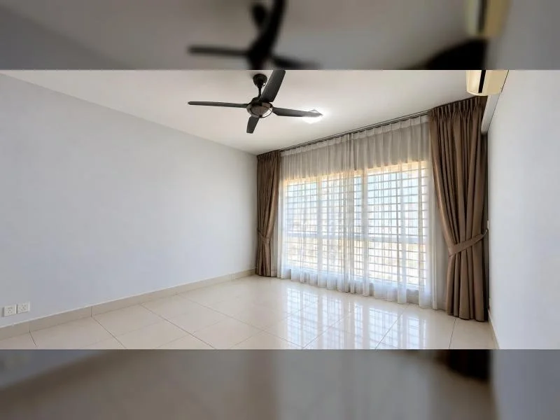 Bedroom features: white painted walls, large glossy ceramic tile flooring, ceiling fan, split air conditioner, floor-to-ceiling window, sheer curtains, brown blackout curtains, curtain tiebacks, sliding glass door, bright natural light, plain ceiling, white baseboards, electrical outlets on wall; style: modern; view: city.