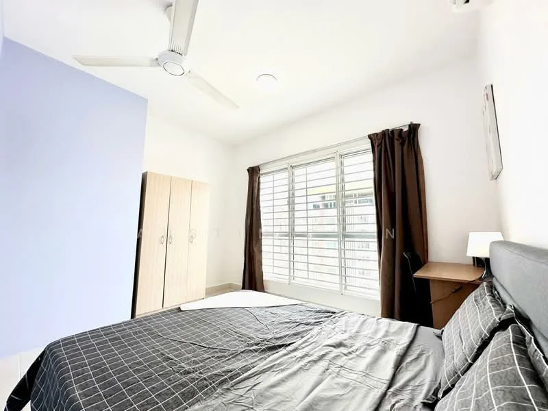 Bedroom features: queen-size bed with grey bedding, upholstered headboard, wooden wardrobe with sliding doors, study desk with lamp, floor-to-ceiling windows with horizontal blinds, ceiling fan, light-colored walls, dark curtains; style: modern; view: city.