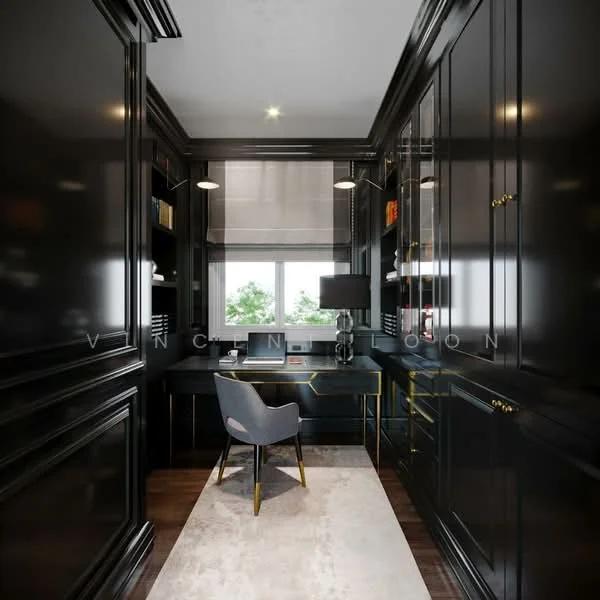 Study features: black cabinetry with gold hardware, built-in bookshelves, wood flooring, desk with black finish, ergonomic grey chair, window with view of greenery, recessed downlights, area rug with neutral color; style: modern; view: garden.