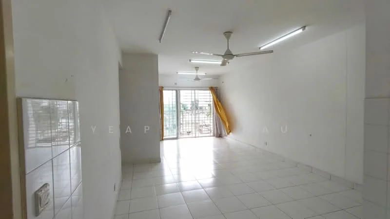 Living features: white painted walls, white tiled flooring, 2 ceiling fans, sliding glass door, floor-to-ceiling windows, curtains, natural light, open layout; view: city.