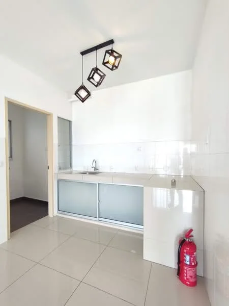 Kitchen features: white cabinetry with glass panels, single-bowl stainless-steel sink, chrome pull-down faucet, white tiled backsplash, polished ceramic tile flooring, 3 pendant lights, fire extinguisher, open layout, counter space, wall-mounted cabinet, neutral wall color; style: modern.