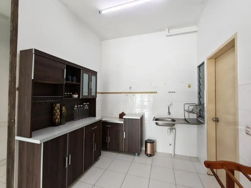 Kitchen features: brown wooden cabinetry, white countertop, single-bowl stainless-steel sink, chrome faucet, tile backsplash, built-in shelving, kitchen trash bin, white tiled flooring, wall-mounted storage, window with metal grille; style: modern.