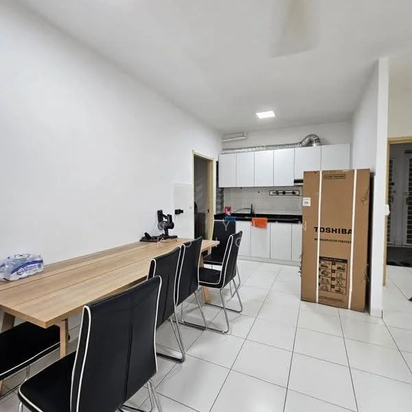 Kitchen features: white painted walls, ceramic tile flooring, kitchen cabinets, black countertop, stainless-steel sink, built-in oven, refrigerator, dining table with six chairs, wall-mounted shelves, hood range, window, light fixture, box of appliances; style: modern.