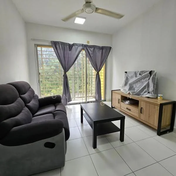 Living features: 3-seater fabric sofa in grey, black coffee table, TV console in light wood with black accents, wall-mounted TV, floor-to-ceiling windows, sheer curtains in grey, ceiling fan, white painted walls, white tiled flooring; style: modern; view: garden.