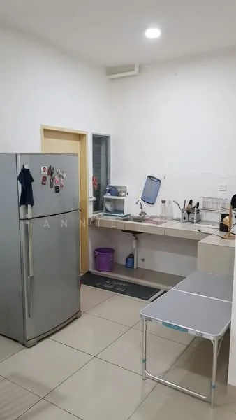 Kitchen features: stainless-steel fridge, single-bowl stainless-steel sink, chrome pull-down faucet, white cabinetry, countertop with tile backsplash, ceramic tile flooring, wall-mounted window, kitchen table, kitchen utensils, purple storage container; style: modern.