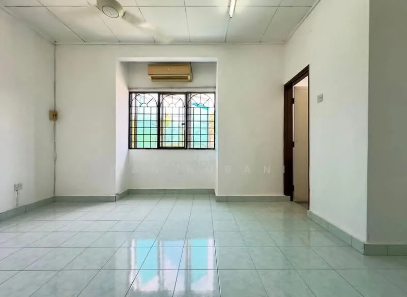 Room features: white painted walls, glossy ceramic tile flooring, ceiling fan, 1 wall-mounted split AC, large windows with grid pattern, door leading to another room, natural light from windows; style: minimalist; view: garden.