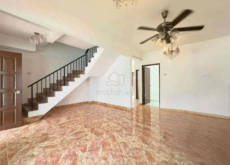 Living features: marble tile flooring, white painted walls, 5-blade ceiling fan, chandelier, staircase with black metal railing, natural light from windows, open layout, decorative ceiling rose; style: modern.