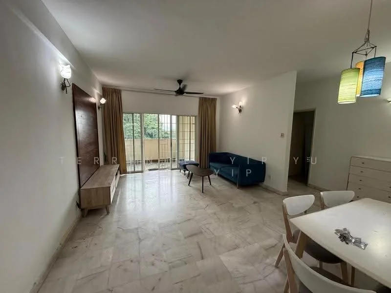 Living features: marble flooring, white painted walls, ceiling fan, floor-to-ceiling windows, curtains, blue fabric sofa, wooden TV console, wooden sideboard, dining table with chairs, decorative pendant lights; style: modern; view: garden.