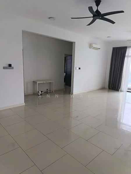 Living features: white painted walls, glossy ceramic tile flooring, 5-blade ceiling fan, wall-mounted air conditioning unit, floor-to-ceiling windows, sliding glass door, curtains, neutral color scheme; style: modern; view: city.