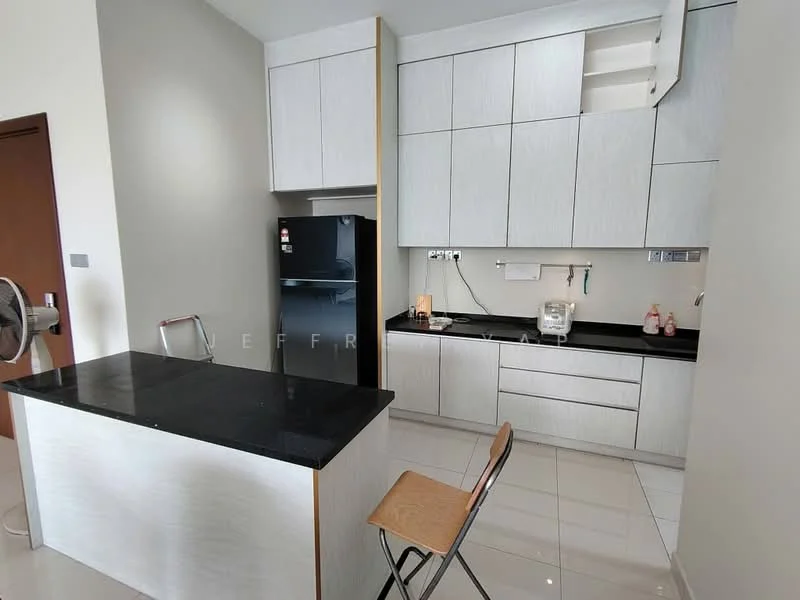 Kitchen features: black granite countertop, white cabinetry with flat-panel design, stainless-steel fridge, built-in oven, ceramic tile flooring, single-bowl stainless-steel sink, chrome pull-down faucet, wall-mounted kitchen appliances, open shelving, recessed downlights, window above sink, bar stool, kitchen island; style: modern.