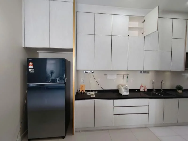 Kitchen features: white flat-panel cabinets, black countertop, stainless-steel sink, chrome pull-down faucet, built-in oven, black refrigerator, white toaster, wall-mounted electrical outlets, tile flooring, under-cabinet lighting; style: modern.