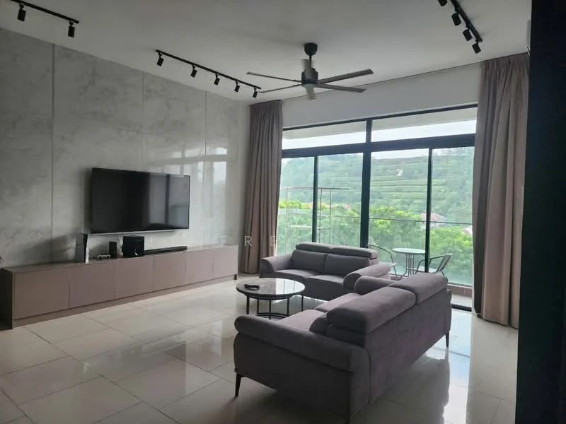 Living features: grey fabric L-shape sectional sofa, round glass coffee table, wall-mounted flat-screen TV, light grey feature wall with marble finish, floor-to-ceiling windows, sheer curtains, recessed LED downlights, 5-blade ceiling fan with light, light-colored tiled flooring; style: modern; view: garden.