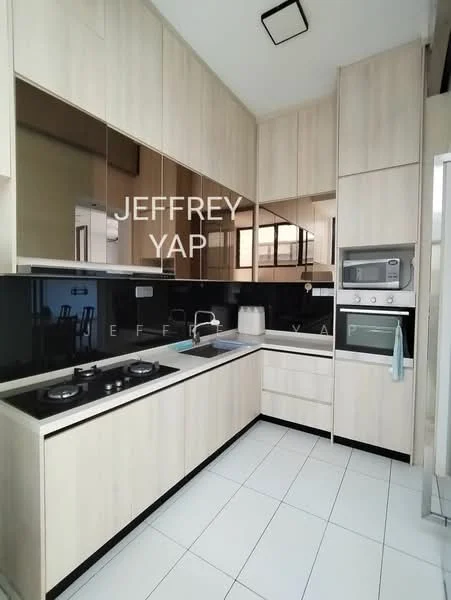 Kitchen features: light wood cabinetry, black glass backsplash, white quartz countertop, stainless-steel sink, chrome pull-down faucet, built-in oven, microwave, 4-burner gas hob, sliding glass door, white tiled flooring, recessed downlights, open shelving; style: modern.
