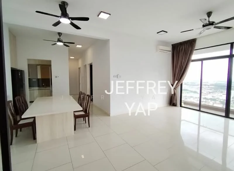 Living features: white painted walls, glossy tile flooring, 5-blade ceiling fan with light, 5-blade ceiling fan, large floor-to-ceiling windows, curtains, dining table with 6 chairs, air conditioning unit, open layout, natural light, city view; style: modern; view: city.