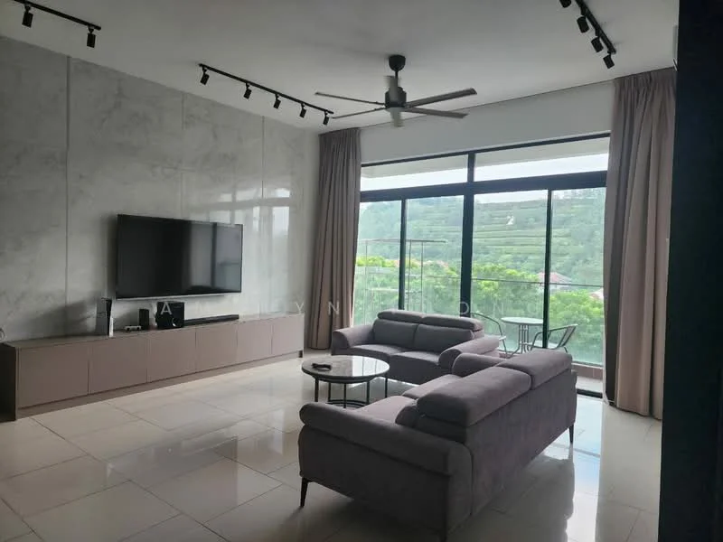 Living features: grey fabric L-shape sectional sofa, round coffee table, wall-mounted flat-screen TV, light-colored media console, large floor-to-ceiling windows, sheer curtains, recessed downlights, 5-blade ceiling fan, marble accent wall, glossy tile flooring, greenery view from window; style: modern; view: garden.