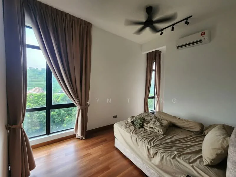 Bedroom features: wooden flooring, white painted walls, floor-to-ceiling windows, sheer curtains, 5-blade ceiling fan, wall-mounted split AC, upholstered bed frame, decorative throw pillows; style: modern; view: garden.