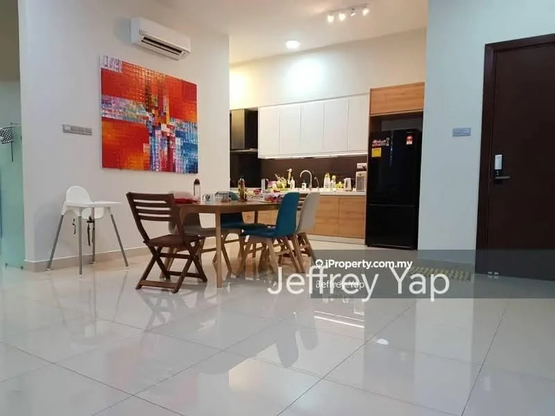 Living features: white painted walls, glossy tile flooring, recessed downlights, air conditioning unit, wooden dining table, 4 wooden dining chairs, high chair, kitchen cabinetry, black refrigerator, kitchen countertop, colorful abstract wall art, open layout, visible kitchen appliances; style: modern.