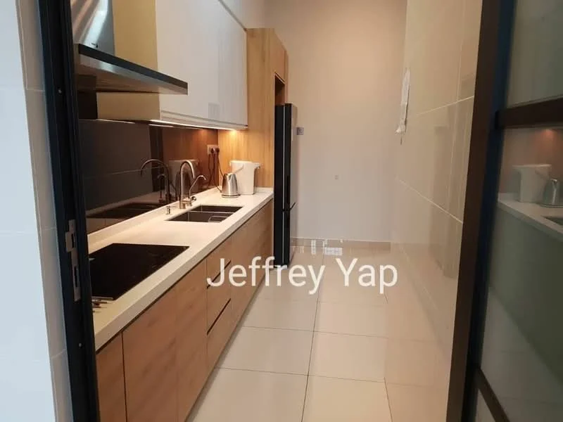 Kitchen features: white cabinetry, wooden cabinetry, double-bowl stainless-steel sink, chrome pull-down faucet, black induction cooktop, built-in oven, white tiled backsplash, polished ceramic tile flooring, recessed downlights, open shelving, fridge, countertop with overhang for seating; style: modern.