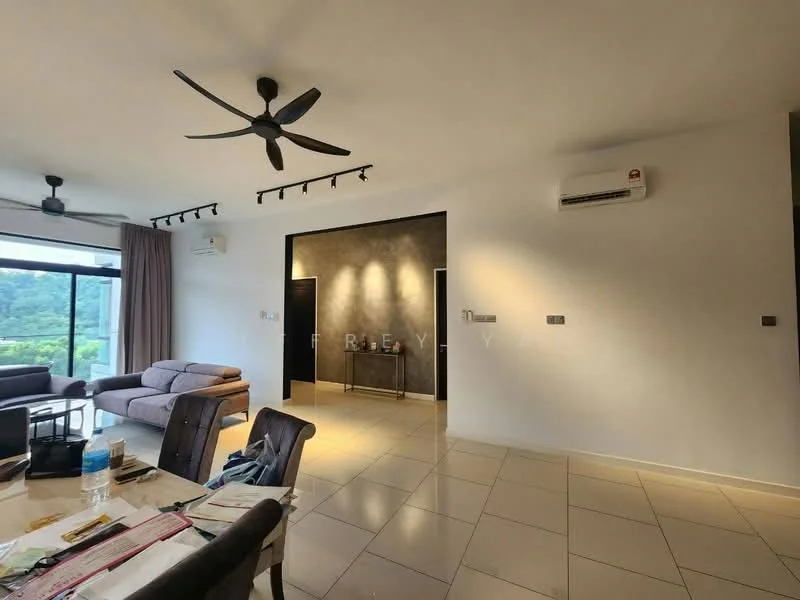 Living features: 5-blade ceiling fan, recessed LED downlights, floor-to-ceiling windows, grey accent wall, cream painted walls, light-colored tile flooring, sofa in grey, coffee table, TV console, wall-mounted split AC, dining table with chairs, decorative wall, open layout, view of greenery; style: modern; view: garden.