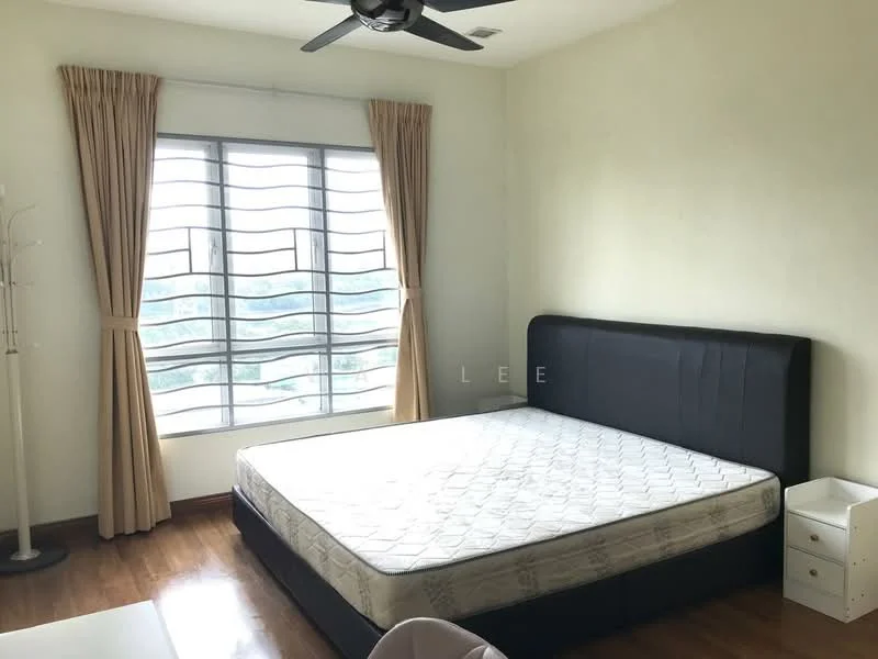 Bedroom features: queen-size bed, upholstered headboard, wooden flooring, floor-to-ceiling window, sheer curtains, ceiling fan, white bedside table, decorative floor lamp, neutral wall color; style: modern; view: garden.